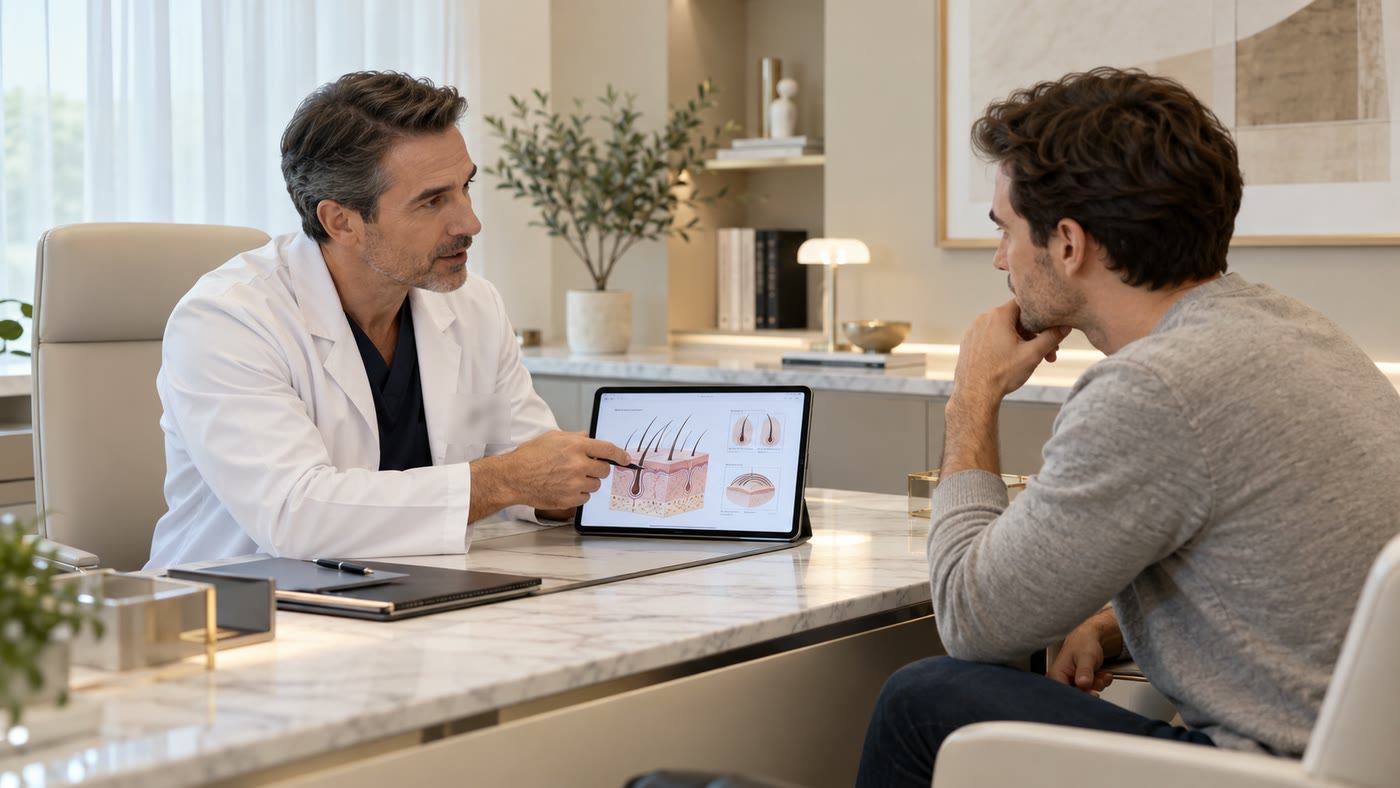 Médico a explicar a um paciente, num tablet, como o folículo capilar é implantado