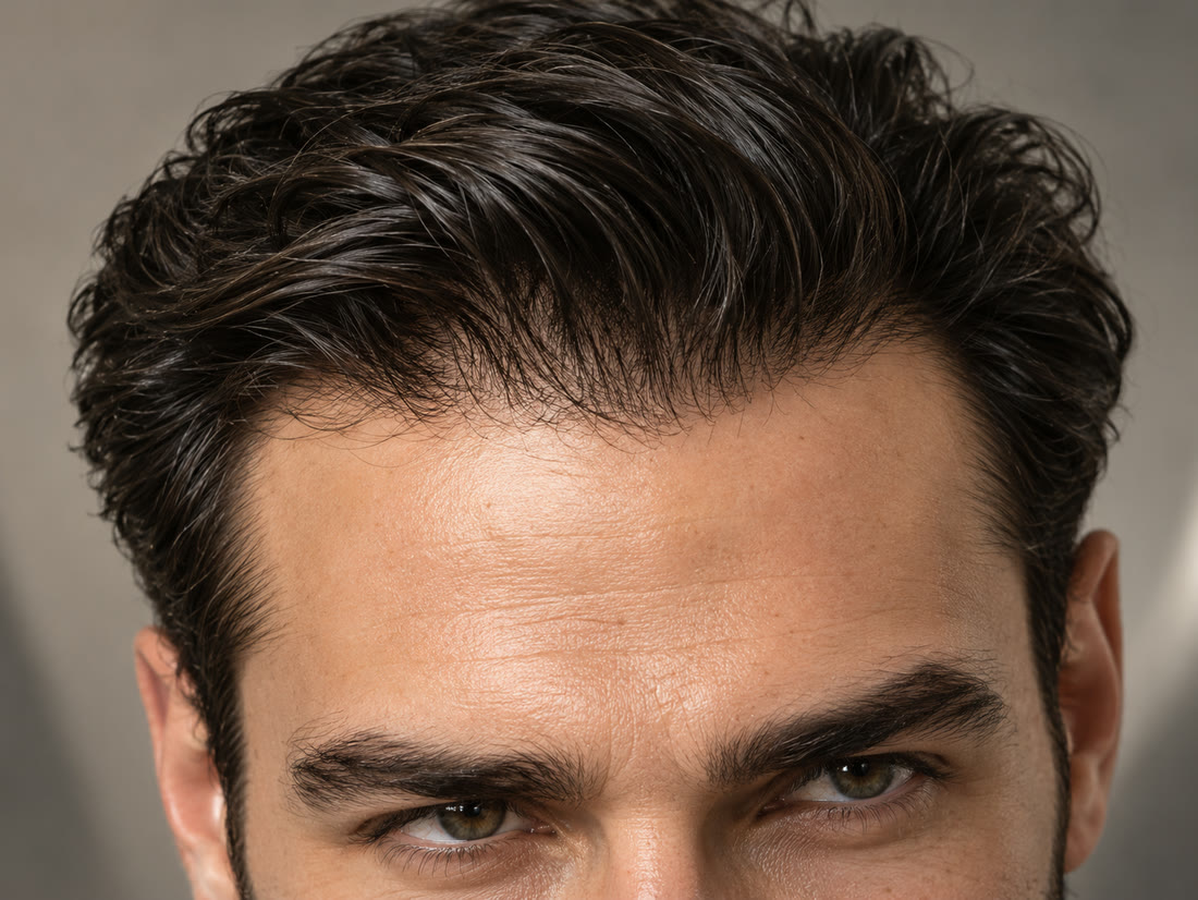 Grande plano de uma linha frontal densa e natural, com cabelo escuro