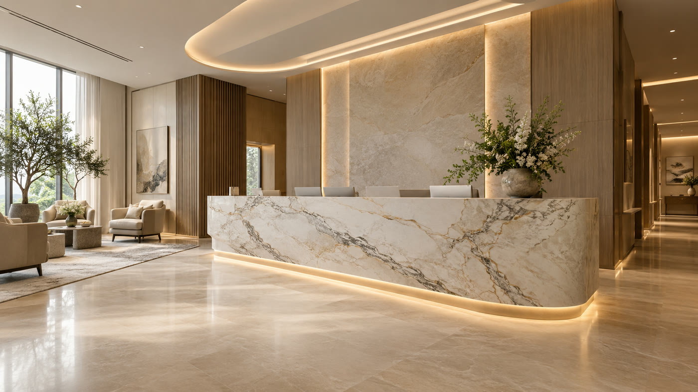 Receção da clínica, com balcão em mármore e luz quente
